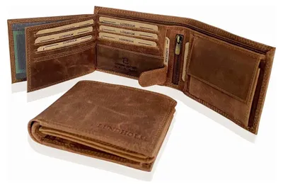 Zdjęcie produktu dla Portfel męski Lundholm, składany, skórzany, brązowy, z ochroną RFID – styl vintage, skóra bydlęca w stylu myśliwskim – ochrona RFID – 11 przegródek na karty – kompaktowy