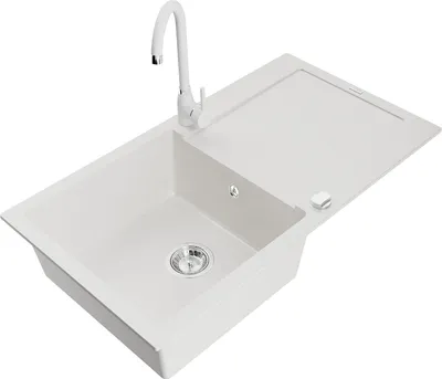 Immagine prodotto di Mexen Leo lavello in granito 1-vasca con gocciolatoio e rubinetto da cucina Telma, bianco - 6501-20-670200-20