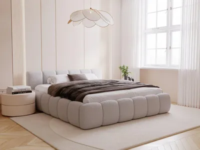 Produktbild von GrainGold Polsterbett Cloud Low 140x200 cm - Bett 140x200, Polsterbett mit Lattenrost und Bettkasten - Bett mit Bouclé-Stoff - Grau