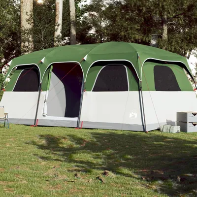Produktbild von vidaXL Familienzelt für 9 Personen, Grün, Wasserdicht, 3 Schlafkabinen, 2 Eingänge, 6 Fenster, Kabinenform, 185T Polyester mit Polyurethanbeschichtung, 487 x 335 x 223/218 cm, E-Anschluss, Abnehmbares Überzelt