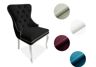 Zdjęcie produktu dla Krzesło Chesterfield Madame 2 - eleganckie krzesło tapicerowane w stylu glamour, czarny welur, białe drewniane nogi, wygodne siedzisko