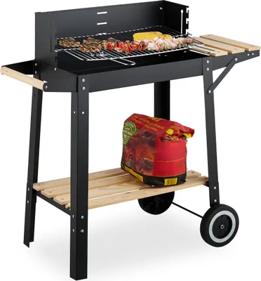 Produktbild von Relaxdays Grill mit Rädern, 2 Ablagen, höhenverstellbarer Rost, Windschutz, Grillwagen HBT: 80,5 x 86 x 42 cm, schwarz