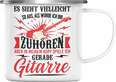 Produktbild von Trendation - Gitarrist Geschenk Gitarre Emaille Tasse mit Spruch - Emaille Emaille Tasse für Gitarrenspieler Geschenkidee (Silber)