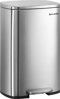 A stainless steel trash can with a foot pedal.