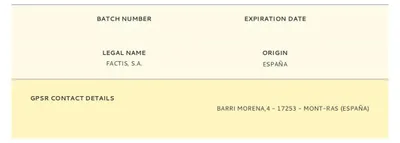 A screenshot of product information, including batch number, expiration date, legal name, origin, and contact details.