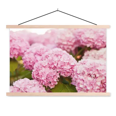Produktbild von MuchoWow® Textilposter Busch - Blumen - Rosa - Hortensie 120x80 cm mit holzfarbenen Rahmen - Aufhängeset