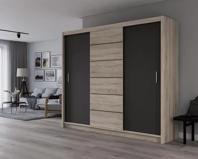 Produktbild von Krudox PRSW 250 cm Eiche Sonoma/Lava Schwebetürenschrank Breiten 203/250 cm Kleiderschrank Für Wohnzimmer Mit Kleiderstange und 2 Schbladen