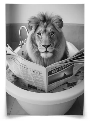 Immagine prodotto di Poster da parete per bagno, motivo: leone nella vasca, stile astratto in bianco e nero, dimensioni 30x40 cm