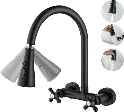 Imagen del producto de Grifo de cocina de pared con rotación de 360°, 3 modos de pulverización, color mate, acero inoxidable, para la cocina