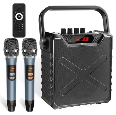 Image de Machine de karaoké portable - Haut-parleur Bluetooth - Avec 2 microphones UHF sans fil - Noir