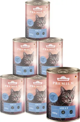 Produktbild von Dehner Premium Katzenfutter, Nassfutter getreidefrei, für ausgewachsene Katzen, Lachs, 6 x 400 g Dose (2.4 kg)