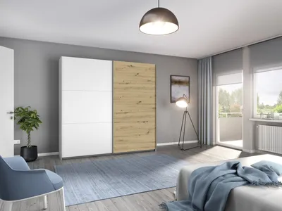 Produktbild von Schwebetürenschrank >Aurelia< in Weiß/  Eiche Artisan Nachbildung, B/H/T: 218/210/59 cm