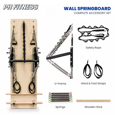 Image de PH Fitness Appareil mural Pilates à ressorts avec cadre en bois d'érable – fixation murale et gain de place, idéal pour le travail du centre du corps et la rééducation