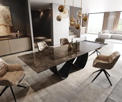 Produktbild von DELIFE Esstisch Edge 200-300x100 Keramik Emperador Extra Lucidato Dunkelbraun Infinity Metall Schwarz ausziehbar