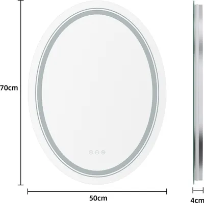 A round LED mirror with dimensions indicated.
