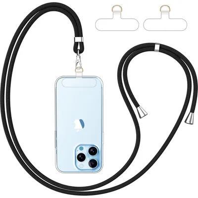 Produktbild von Handy Lanyard Universal mit 2x Patch, verstellbar, abnehmbar, Schwarz+Transparent