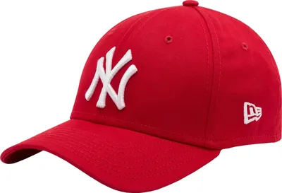 A red New York Yankees baseball cap with a white 'NY' logo.