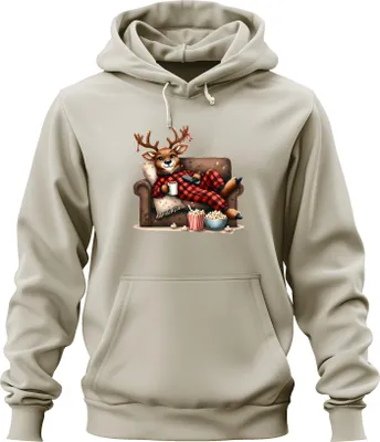 Produktbild von Faules Rentier Weihnachten Kinoabend Popcorn Pyjama Kuschelig Uni Hoodie Kapuzenpullover, Natur, XL