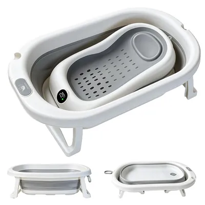Produktbild von Faltbare Babybadewanne mit Badestütze und integriertem Wasserthermometer, platzsparende Babywanne für geborene und Kleinkinder