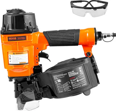 A VEVOR coil siding nailer and safety glasses are shown against a white background.
