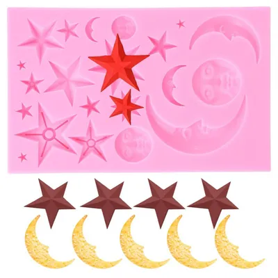 Immagine prodotto di Stampo in silicone a forma di luna e stella, ideale per decorazioni tridimensionali in fondant, torte e cioccolato, colore rosa
