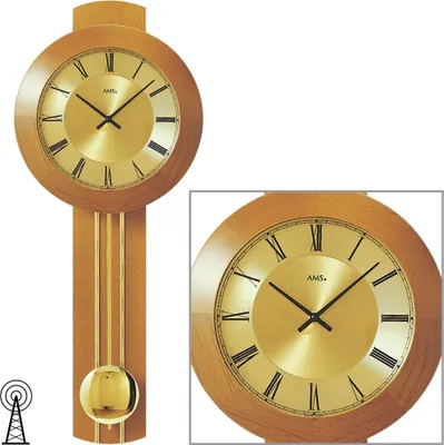 A wooden pendulum clock with a gold face and Roman numerals, shown in full and a close-up view.