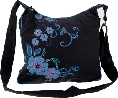 Produktbild von Geräumige Schultertasche, Hippie Tasche, Goa Tasche - Schwarz/türkis, Uni - Erwachsene, Baumwolle, 30*32*15 cm, Alternative Umhängetasche, Handtasche aus Stoff