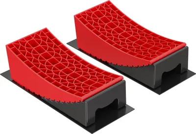 Image de Wiltec Lot de 2 Cales de roue rondes – 320 x 150 x 110 mm / 190 x 150 x 80 mm – Capacité 13 t – avec Niveau à bulle en T – Protection de pneus pour Camping cars et Remorques – Rampes véhicules
