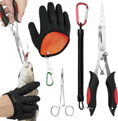 Multifunktionales 4-teiliges Anglerwerkzeugset mit Hakenentferner, Schnurenschneider und schnittfesten Handschuhen für