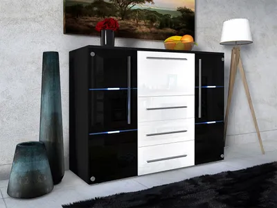 Obrázek produktu pro Kombinovaná komoda s LED osvětlením ANTRIM - černá / lesklá černá / lesklá bílá