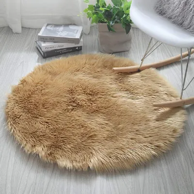 Image de Tapis rond en Fourrure artificielle, 100 cm de diamètre, couleur camel, lavable, idéal pour le salon