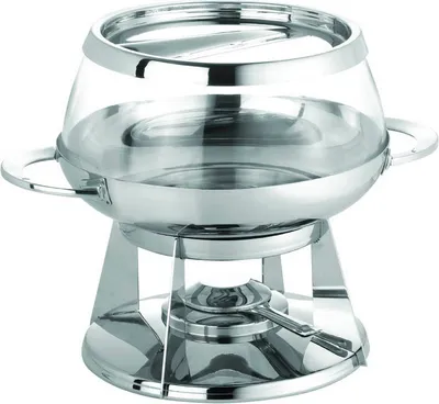 A silver and glass chafing dish with a burner underneath, presented on a white background.