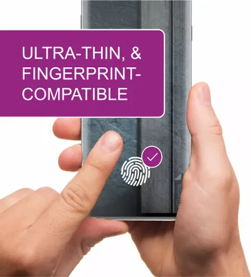 A hand is shown touching a smartphone screen with a fingerprint icon and a checkmark, indicating fingerprint compatibility. Text overlays highlight features.