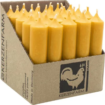 Produktbild von Stabkerzen aus Paraffin, 100/22 mm, Gelb, KERZENFARM HAHN, Brenndauer ca. 4h, 25 Stück pro Verpackung