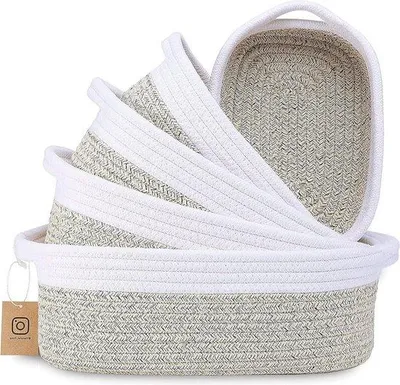 Image de Lot de 5 paniers en corde de coton tressée - Boîte de rangement pour la salle de bain et la table à langer