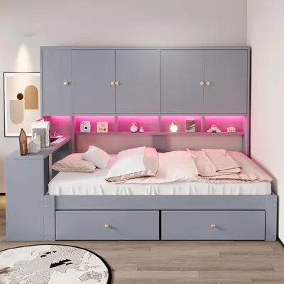 Produktbild von ELANDEPOT Multifunktionsbett 90 x 200 cm Grau mit Schreibtisch Schränken Schubladen LED Beleuchtung Steckdosen für Schlafzimmer Jugendzimmer Gästezimmer