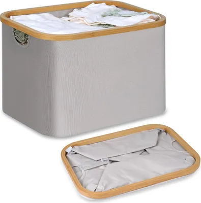 Produktbild von Faltbare Wäschetonne 50L, Bambus, hellgrau, für Schlafzimmer und Bad