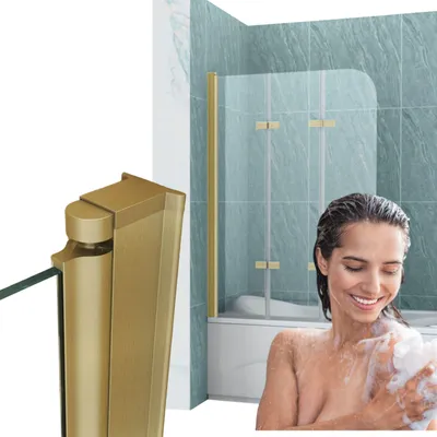 A woman is showering in a bathtub with a glass shower wall.