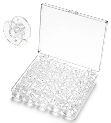 50 transparente Nähmaschinenspulen mit Spulenbox, Kunststoff