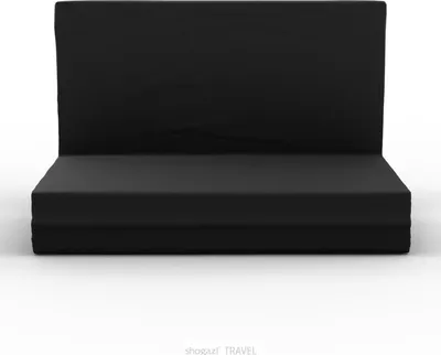 A black foldable mattress shown from the front on a white background.
