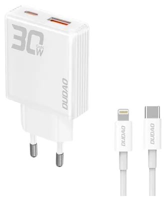 Image de Gan Dudao A30Eul 30W Chargeur Usb-A / Usb-C + Câble Usb-C - Lightning - Blanc