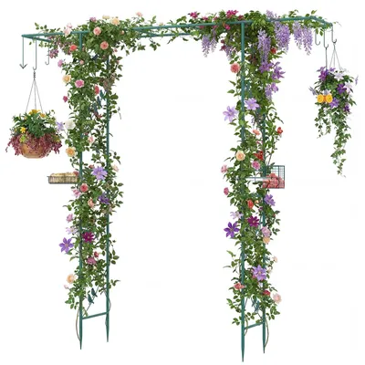 Produktbild von Rosenbogen für Kletterpflanzen, Gartenpergola mit Vogeltränke, Wasserschale & Rankgitter, Gartenbogen mit Haken für Garten, Hof & Hochzeit (Grün)