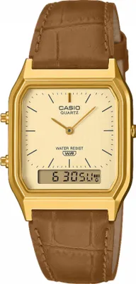 A close-up studio shot of a gold-toned Casio watch with a brown leather strap.