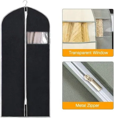 Obrázek produktu pro Sada 6 kusů obalů na oblečení Unyqoos®, černá barva, rozměry 60 x 130 cm – prodyšné obaly z fleece materiálu, bez obsahu kyselin, s celoplošným zipem z nerezové oceli, skládací, chrání před moly a prachem