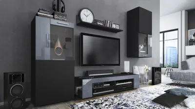 Produktbild von Vladon Wohnwand Movie, Anbauwand bestehend aus 1 TV-Board, 2 Vitrinen und 1 Regal, Schwarz matt/Schwarz matt/Grau Hochglanz (Gesamt: 300 x 190 x 39 cm)