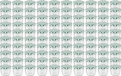 A grid of glass jars with green checkered lids.