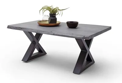 Produktbild von Couchtisch Baumkantentisch Akazie-massiv X-Form rechteckig grau lackiert 110 cm