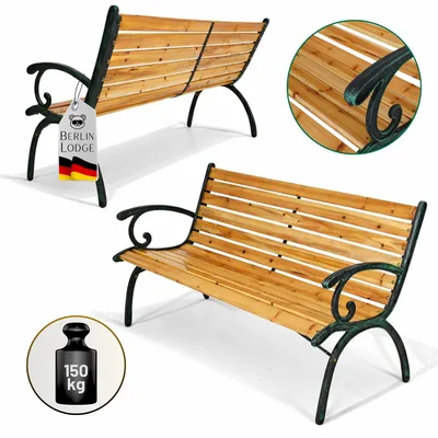 Produktbild von Gartenbank MADEIRA aus Holz & Gusseisen | 2-Sitzer | wetterfest, rustikal & massiv | HxBxT 77 x 123 x 54 cm | Metall, Natur | Balkonbank, Holzbank, Wintergarten Gartenmöbel, Sitzbank, Parkbank, Garten Balkon & Terrasse