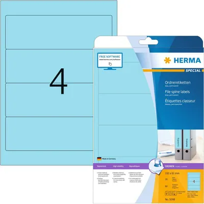 Produktbild von HERMA Ordneretiketten A4 192x61 mm blau Papier matt blickdicht 80 St., Blau, Selbstklebendes Druckeretikett, A4, Papier, Laser/Inkjet, Permanent