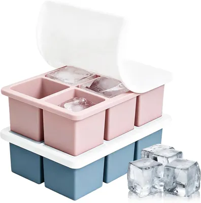 Immagine prodotto di Stampi in silicone per cubetti di ghiaccio di grandi dimensioni con coperchio - Set da 2 - 6 scomparti - Contenitore per cubetti di ghiaccio XXL - Stampi in silicone senza BPA per cubetti di ghiaccio da 5 cm